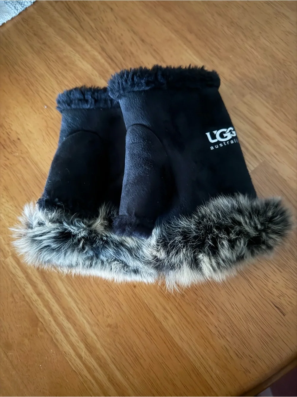 UGG Black Mittens with Faux Fur Trim